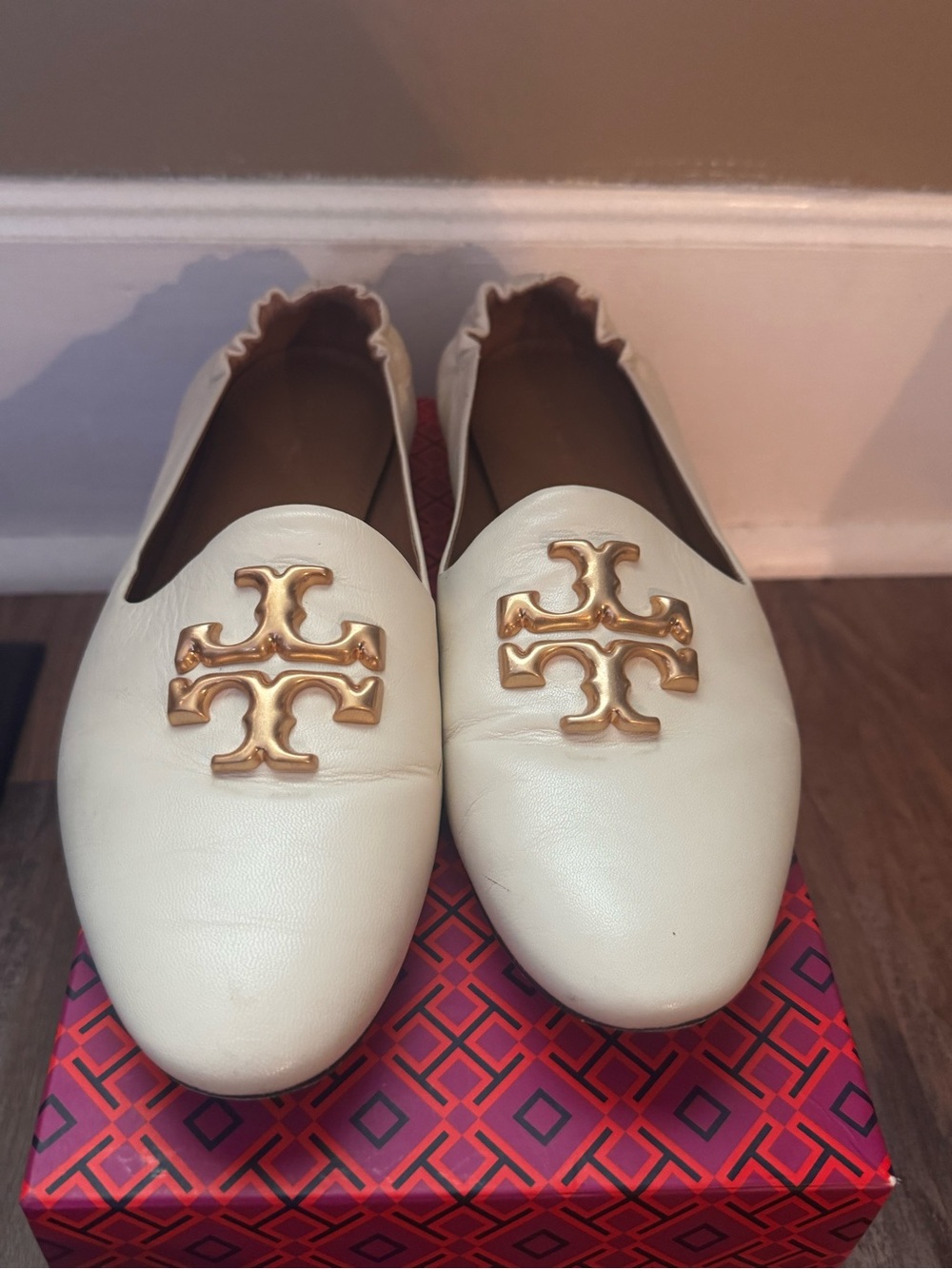 Tory Burch Cream Leather Logo Slip-On Flats with Gold Emblem
